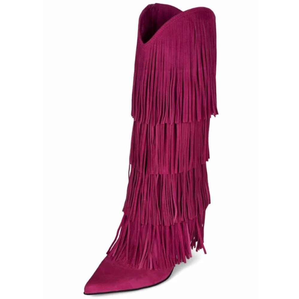 💋OBSESSED!💋 Genuine Leather Wildhorse Fringe Stiletto Boots in Fuchsia - Picture 5 of 13